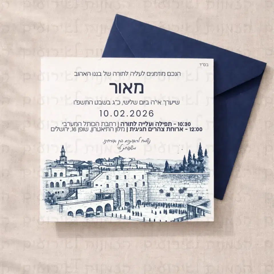 הזמנה לבר מצווה בכותל בצבע כחול ולבן
